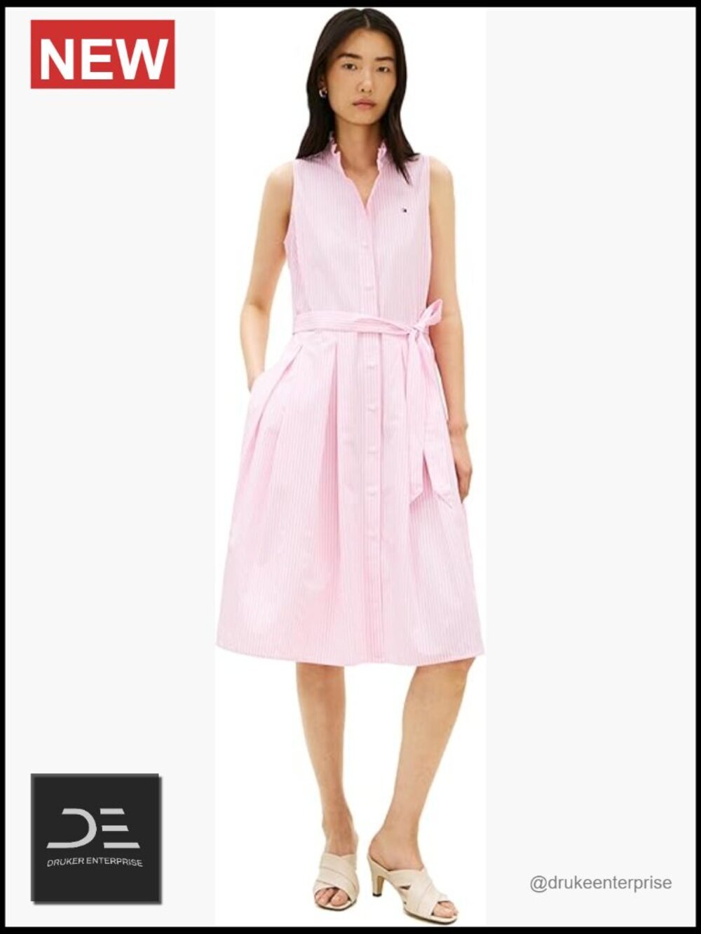 Premium Cotton Poplin Frill Sleeveless Shirt Dress